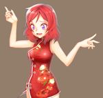  alternate_costume arms_at_sides bad_id bad_pixiv_id bare_arms bare_shoulders breasts brown_background china_dress chinese_clothes dress floral_print looking_down love_live! love_live!_school_idol_project medium_breasts nishikino_maki open_mouth purple_eyes red_dress red_hair short_hair simple_background sizque sleeveless sleeveless_dress solo 