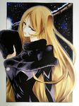  black_dress blonde_hair breasts capelet dress fur_hat ginga_tetsudou_999 green_eyes hat hat_removed headwear_removed highres kojima_takeshi large_breasts lips long_hair maetel solo space star_(sky) traditional_media very_long_hair 