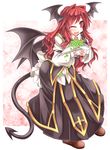  ;d clover cross demon_girl demon_tail demon_wings fang four-leaf_clover head_wings juliet_sleeves koakuma leaning_forward long_hair long_sleeves low_wings mumumu one_eye_closed open_mouth plant potted_plant puffy_sleeves red_eyes red_hair shirt skirt skirt_set smile solo tail touhou very_long_hair vest wings 