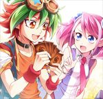  1girl :d bag blue_eyes bracelet card chikariya choker goggles goggles_on_head green_hair hiiragi_yuzu jacket_on_shoulders jewelry multicolored_hair necktie open_mouth orange_shirt pendant pink_hair red_eyes red_hair sakaki_yuuya school_bag shirt short_twintails sleeveless smile twintails two-tone_hair yuu-gi-ou yuu-gi-ou_arc-v 