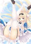  :d alice_in_wonderland apron blonde_hair blue_eyes bow dress garter_straps hair_bow hair_flaps hairband highres legs_up long_hair looking_at_viewer open_mouth original panties ryo smile solo striped striped_legwear striped_panties thighhighs underwear white_legwear 