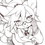  animal_ears concon-collector fox_ears fox_tail furry glasses hand_on_hip kishibe looking_at_viewer monochrome multiple_tails simple_background smile solo tail white_background 
