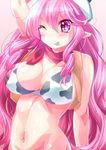  alfred animal_print arm_up bikini_top bottomless breasts cow_print etotama hat heart highres large_breasts long_hair moo-tan navel one_eye_closed out-of-frame_censoring pink_eyes pink_hair pointy_ears smile solo tongue tongue_out very_long_hair 