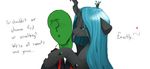  &lt;3 ? anonymous changeling clothing crown dialogue duo english_text female feral friendship_is_magic green_eyes horn human jalm licking male male/female mammal my_little_pony plain_background queen_chrysalis_(mlp) suggestive text tongue tongue_out white_background 
