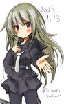  2015 black_legwear blouse dated hair_ornament ishimori_sakana kantai_collection kikuzuki_(kantai_collection) long_hair open_mouth pantyhose red_eyes school_uniform serafuku skirt solo twitter_username white_hair 