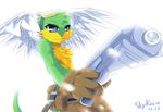  2010 anthro blue_eyes clothed clothing english_text feathers fur gloves green_fur gun half-dressed handgun male pants plain_background ranged_weapon skykain smile solo text topless tuft unknown_species weapon white_background white_feathers wings yellow_fur 