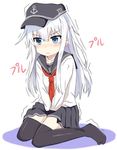  anchor_symbol aqua_eyes aqua_hair bad_id bad_pixiv_id between_legs black_legwear black_skirt blush enusabu_(enusub) flat_cap frown hat hibiki_(kantai_collection) kantai_collection long_hair long_sleeves neckerchief no_shoes pleated_skirt sailor_collar school_uniform serafuku simple_background sitting skirt solo tears thighhighs trembling v_arms wariza wavy_mouth white_background 