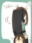  =_= black_legwear blush brown_hair chikuma_(kantai_collection) closed_eyes elbow_gloves gloves hair_between_eyes hair_ribbon kantai_collection long_hair multiple_girls pelvic_curtain remodel_(kantai_collection) ribbon short_sleeves single_elbow_glove tone_(kantai_collection) twintails umino_mokuzu_(shizumisou) white_ribbon 