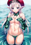  1girl alleyne_(queen&#039;s_blade) alleyne_(queen's_blade) artist_request blonde_hair blue_eyes blush breasts covering covering_breasts elbow_gloves elf gloves hat long_hair official_art panties pointy_ears queen&#039;s_blade queen's_blade solo standing topless underwear water 