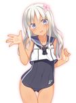  blue_eyes blush flat_chest highres kantai_collection long_hair looking_at_viewer one-piece_swimsuit open_mouth racer_(magnet) ro-500_(kantai_collection) sailor_collar silver_hair simple_background sleeveless solo swimsuit swimsuit_under_clothes thigh_gap waving 