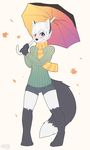  akukun anthro arctic_fox canine clothing eyeshadow fluff fox leaf makeup male mammal purple_eyes scarf shorts sweater umbrella zazush-una 