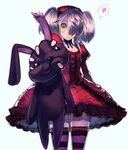  :&lt; cozy gothic_lolita hair_over_one_eye heart lolita_fashion looking_at_viewer original purple_eyes simple_background solo squeezing striped striped_legwear stuffed_animal stuffed_bunny stuffed_toy thighhighs twintails white_background yellow_eyes 