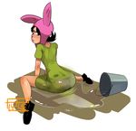  animal_hat ass beanie black_hair bob's_burgers bucket dress from_behind full_body green_dress hat highres looking_back louise_belcher mary_janes panties polyle see-through shoes sitting solo underwear wariza water wet wet_clothes wet_dress 