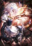  60mai album_cover apron blue_dress braid cover dress izayoi_sakuya knife maid maid_headdress pocket_watch puffy_short_sleeves puffy_sleeves shirt short_sleeves silver_hair solo thighhighs throwing_knife touhou twin_braids waist_apron watch weapon white_legwear zettai_ryouiki 