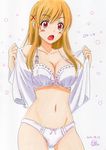  artist_name blonde_hair blush bow bow_bra bow_panties bra dated derivative_work dress_shirt hair_ornament hairclip highres lace lace-trimmed_bra long_hair marker_(medium) no_pants open_clothes open_mouth open_shirt panties personality_switch potekite red_eyes shiraishi_urara shirt signature sketch solo traditional_media underwear undressing white_bra white_panties white_shirt yamada-kun_to_7-nin_no_majo 