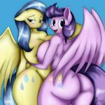  2015 anthro anthrofied big_breasts blue_background blue_eyes breast_squish breasts butt clear_skies_(mlp) cutie_mark duo equine female female/female friendship_is_magic hair half-closed_eyes huge_breasts long_hair looking_at_viewer mammal my_little_pony nude open_mouth pegasus plain_background purple_hair suirano sunshower_(mlp) wings 