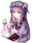  blue_bow blue_ribbon book bow bun_cover crescent crescent_hair_ornament double_bun fire hair_ornament hair_ribbon hat hat_ribbon highres holding long_hair looking_at_viewer mob_cap monobe_tsukuri open_mouth pajamas patchouli_knowledge purple_eyes purple_fire purple_hair red_bow red_ribbon ribbon simple_background solo touhou upper_body white_background 