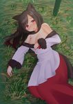  animal_ears bare_shoulders binsen blush breasts brooch brown_hair cleavage dress grass imaizumi_kagerou jewelry large_breasts long_hair looking_at_viewer lying open_mouth red_eyes solo sweat tail touhou wolf_ears wolf_tail 