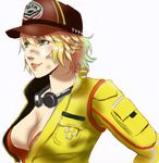  absurdres baseball_cap blonde_hair breasts cidney_aurum cleavage dirty_face final_fantasy final_fantasy_xv goggles goggles_around_neck green_eyes hat highres jacket large_breasts lips lipstick makeup nose short_hair smile solo ta-chun 