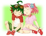  1girl ahoge bracelet child closed_eyes flower goggles goggles_on_head green_hair hair_flower hair_ornament hiiragi_yuzu hood hoodie jewelry multicolored_hair nakata_(chamcham) pendant pink_hair red_hair sakaki_yuuya shorts sleeping two-tone_hair younger yuu-gi-ou yuu-gi-ou_arc-v 