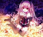  bare_shoulders detached_sleeves krul_tepes long_hair meng_xiao_jiong owari_no_seraph pink_hair pointy_ears red_eyes smile solo thighhighs 