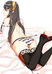  ass black_hair black_legwear blush detached_sleeves flying_sweatdrops haruna_(kantai_collection) high_heels kantai_collection long_hair looking_at_viewer lying on_stomach panties poco_(backboa) red_eyes short_hair smile solo striped striped_panties thighhighs topless underwear white_background 