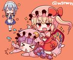  &gt;_&lt; =_= blonde_hair blue_hair bow braid closed_eyes crescent dress fang flandre_scarlet hat hat_bow izayoi_sakuya long_hair marshmallow_mille multiple_girls open_mouth patchouli_knowledge pillow_hat purple_hair red_bow red_dress red_eyes short_hair sweat touhou twin_braids twitter_username wings 