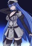 akame_ga_kill! blue_eyes blue_hair boots breasts choker cleavage collarbone esdeath gradient gradient_background hat heikichi large_breasts long_hair military military_uniform peaked_cap smile solo thigh_boots thighhighs uniform very_long_hair white_footwear white_legwear zettai_ryouiki 