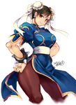  bracelet breasts brown_eyes brown_hair brown_legwear bun_cover china_dress chinese_clothes chun-li cowboy_shot double_bun dress earrings hands_on_hips iroyopon jewelry large_breasts pantyhose pelvic_curtain puffy_short_sleeves puffy_sleeves sash short_hair short_sleeves solo spiked_bracelet spikes street_fighter thick_thighs thighs 