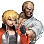  blonde_hair blue_eyes crossed_arms fatal_fury father_and_son fingerless_gloves geese_howard gloves grin male_focus mark_of_the_wolves multiple_boys muscle oetarou rock_howard short_hair smile snk tan time_paradox 