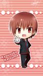  :d artist_name baseball blazer brown_hair character_name chibi full_body holding jacket little_busters! male_focus miyoshi_yun natsume_kyousuke necktie open_mouth outline pants red_eyes school_uniform shoes signature smile solo standing striped striped_background v-shaped_eyebrows 