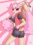  2011 alternate_color anthro black_sclera blush breasts brown_fur butt clothed clothing cute english_text fur gloves guitar jacket looking_back lopunny musical_instrument nintendo pink_fur pink_nose pok&eacute;mon pok&eacute;morph rear_view red_eyes shiny_pok&eacute;mon shorts side_boob skykain smile star text video_games 