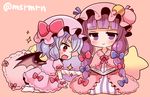  :&gt; :d bat_wings blue_hair book bow dress fang hat hat_bow long_hair marshmallow_mille multiple_girls open_mouth pajamas patchouli_knowledge pink_dress purple_eyes purple_hair red_bow remilia_scarlet short_hair smile striped striped_pajamas touhou twitter_username wings 