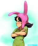  animal_hat beanie black_hair blush bob's_burgers crossed_arms dress green_dress hat highres lips louise_belcher nose polyle pout solo 