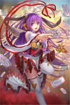  bare_shoulders bird chain_chronicle detached_sleeves flower holding japanese_clothes looking_at_viewer miko obi open_mouth petals purple_eyes purple_hair ribbon rose sash scepter solo standing standing_on_one_leg talisman thighhighs weiyinji_xsk white_legwear 