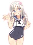  blue_eyes blush flat_chest highres kantai_collection long_hair looking_at_viewer one-piece_swimsuit open_mouth racer_(magnet) ro-500_(kantai_collection) sailor_collar school_swimsuit silver_hair simple_background sleeveless solo swimsuit swimsuit_under_clothes thigh_gap waving 