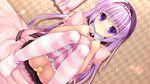  1girl artist_request blush character_request clothes_on game_cg hair_ornament legs_up long_hair panties pantyshot purple_eyes purple_hair school_uniform skirt source_request thighhighs underwear yellow_panties 