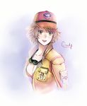  bad_id bad_pixiv_id baseball_cap blonde_hair breasts character_name cidney_aurum cleavage dirty_face final_fantasy final_fantasy_xv goggles goggles_around_neck green_eyes hat jacket large_breasts parted_lips shiu_(puregirl4122) short_hair smile solo typo 