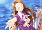  brown_hair closed_eyes facing_viewer grin hairband idolmaster idolmaster_(classic) long_hair minase_iori miri_(ago550421) outstretched_hand smile solo stuffed_animal stuffed_bunny stuffed_toy upper_body 