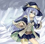  black_skirt blue_eyes blue_hair choker duel_monster gishki_ariel hat long_hair long_sleeves looking_at_viewer low_twintails normaland open_mouth skirt solo twintails witch_hat yuu-gi-ou 