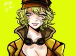  baseball_cap blonde_hair breasts cidney_aurum cleavage dirty_face final_fantasy final_fantasy_xv goggles goggles_around_neck green_background green_eyes hat kami_(kamitsure12) large_breasts lips short_hair signature smile solo upper_body 