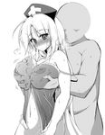  1girl babydoll blush bottomless braid breast_grab breasts faceless faceless_male grabbing grabbing_from_behind greyscale hachi_(chihagura) hat hetero huge_breasts lingerie long_hair monochrome nipples nurse_cap see-through sweat touhou underwear very_long_hair yagokoro_eirin 