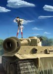  adapted_uniform bad_id bad_pixiv_id blonde_hair blue_eyes blurry caterpillar_tracks cloud damaged day depth_of_field foreshortening germany ground_vehicle hand_on_hip hat headset highres long_hair military military_uniform military_vehicle motor_vehicle nekusashun on_vehicle original skirt sky solo tank throat_microphone tiger_i tree uniform wind world_war_ii 