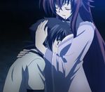  1boy 1girl between_breasts breasts eyes_closed high_school_dxd hyoudou_issei large_breasts long_hair night rias_gremory screencap stitched 