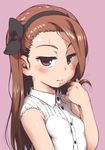  blush breasts brown_hair hair_twirling hairband idolmaster idolmaster_(classic) long_hair looking_at_viewer minase_iori pink_background red_eyes sleeveless small_breasts solo sweatdrop ttomm upper_body 