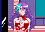  1girl 90s animahjong animahjong_x animated animated_gif blue_hair bouncing_breasts breasts lowres nakajima_atsuko nipples no_bra okada_natsuki purple_hair solo two-tone_hair undressing 