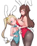  animal_ears blonde_hair blue_eyes blush_stickers breasts brown_eyes brown_hair bunny_ears bunny_girl bunny_tail bunnysuit fishnet_pantyhose fishnets glasses large_breasts long_hair megane_chuu multiple_girls original pantyhose small_breasts standing tail twintails wrist_cuffs 
