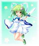  alternate_costume alternate_hairstyle breasts detached_sleeves dress gohei green_background green_hair hair_ornament kochiya_sanae medium_breasts open_mouth osashin_(osada) short_hair snake_hair_ornament solo star tadpole touhou yellow_eyes younger 