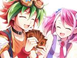  1girl :d bag bracelet card chikariya choker goggles goggles_on_head green_hair happy hiiragi_yuzu jacket_on_shoulders jewelry multicolored_hair necktie open_mouth orange_shirt pendant pink_hair red_hair sakaki_yuuya school_bag shirt short_twintails sleeveless smile twintails two-tone_hair yuu-gi-ou yuu-gi-ou_arc-v 