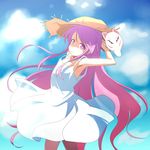  alternate_costume armpits bare_arms bare_shoulders blue_sky cato_(monocatienus) cloud day dress face_mask flat_chest fox_mask hat hata_no_kokoro long_hair looking_at_viewer mask pink_eyes pink_hair sky sleeveless sleeveless_dress solo straw_hat sundress touhou very_long_hair white_dress 